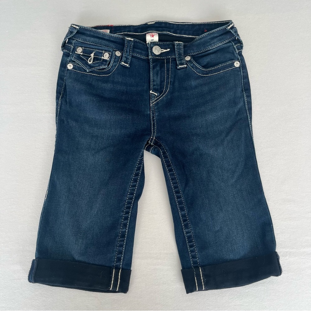 True Religion Riley Knee Length Blue Denim Women's Cuffed Jeans Shorts Size 27